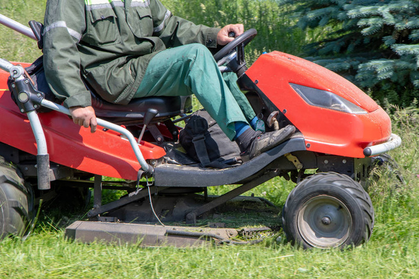 Travailleur tondre l'herbe sur un tracteur de jardin, tondeuse à gazon pour l'herbe
 - Photo, image