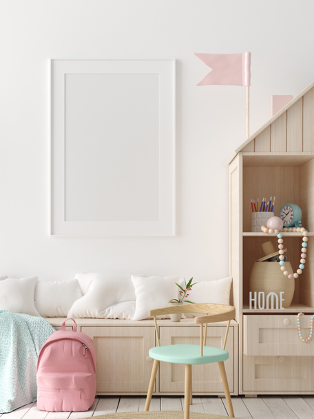 Mock up poster, wall in children bedroom interior background, Scandinavian style, 3D render - Photo, Image