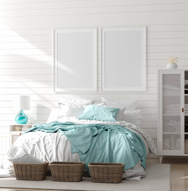 Mock up frame in bedroom interior, marine room with sea decor and furniture, Coastal style, 3d render - Foto, Bild