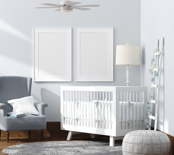 Плакат на фоне интерьера детской спальни, скандинавский стиль, 3D рендеринг - Фото, изображение