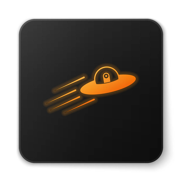 Arancione incandescente UFO astronave volante e icona aliena isolata su sfondo bianco. Piattino volante. Nave spaziale aliena. Futuristico oggetto volante sconosciuto. Pulsante quadrato nero. Illustrazione vettoriale
 - Vettoriali, immagini