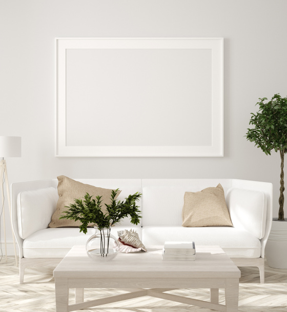 Poster, beyaz kanepe ile bej iç duvar mockup, ahşap masa ve bitkiler, İskandinav tarzı, 3d render - Fotoğraf, Görsel
