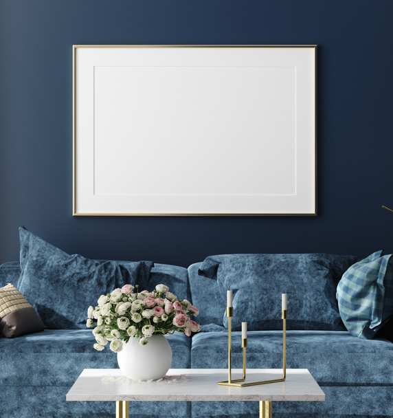 Titulní obraz na pozadí hipstera, tmavě modrý pokoj s kyticí na stole, 3D vykreslení - Fotografie, Obrázek