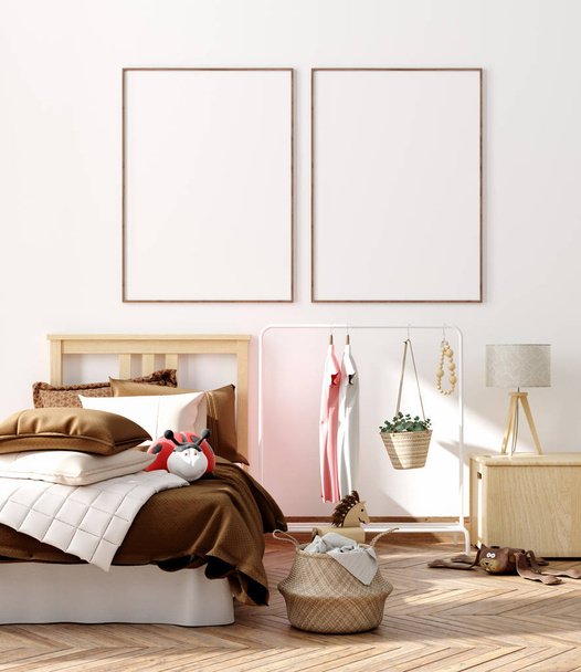 子供の寝室のインテリアの背景、北欧スタイル、 3Dレンダリングでポスターをモックアップ - 写真・画像