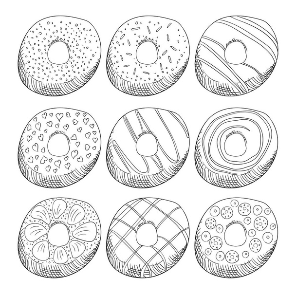 Donuts versierd met icing schets illustraties set - Vector, afbeelding