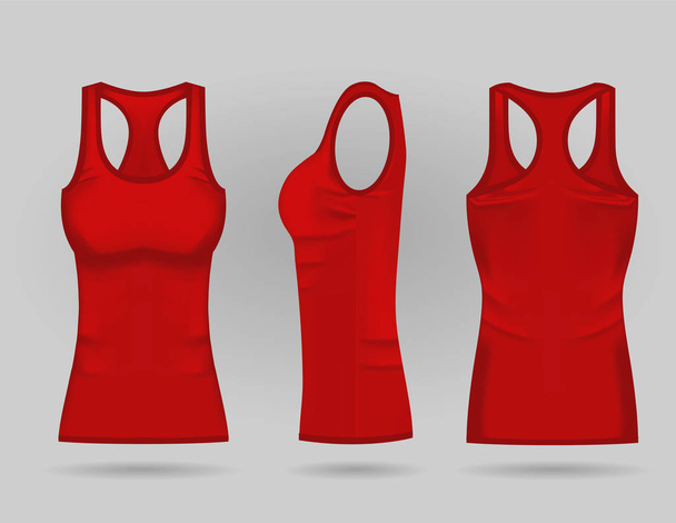 Blank womens red tank top in front, back and side views. Realistic female sport shirts - Vettoriali, immagini