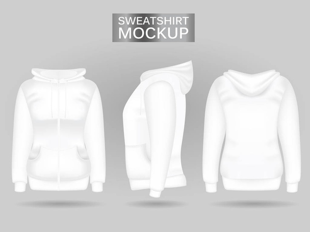 Blank womens white sweatshirt hoodie in front, back and side views. Realistic female clothes - Vector, afbeelding