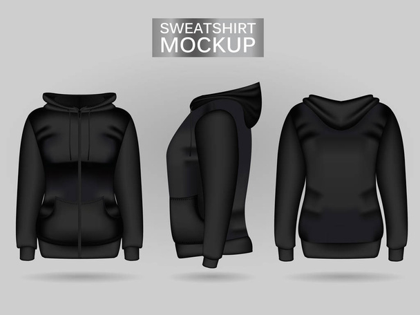 Blank womens black sweatshirt hoodie in front, back and side views. Realistic female clothes - Vector, Imagen
