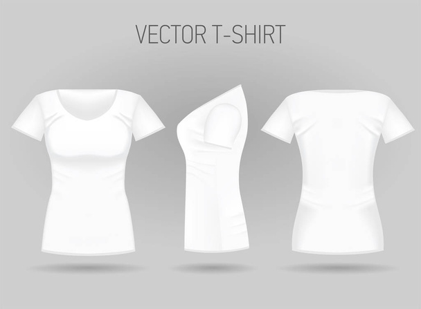 Tyhjä naisten valkoinen t-paita edessä, takana ja sivussa näkymät. Realistinen naisten urheilu paidat
 - Vektori, kuva