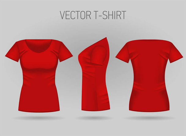 Красная футболка с изображением пустой женщины спереди, сзади и сбоку. Реалистичные женские спортивные рубашки
 - Вектор,изображение