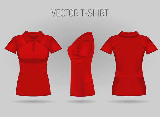 Красная рубашка с коротким рукавом, вид спереди, сзади и сбоку. Реалистичные женские футболки
 - Вектор,изображение