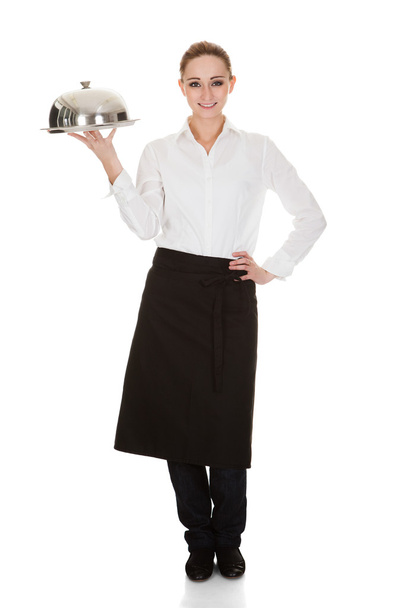 Young Waitress Holding Tray And Lid - Valokuva, kuva