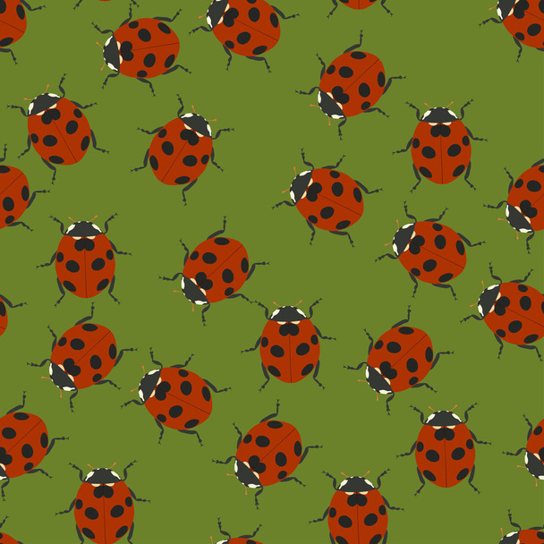 Green seamless pattern with ladybugs. Vector illustration. - ベクター画像