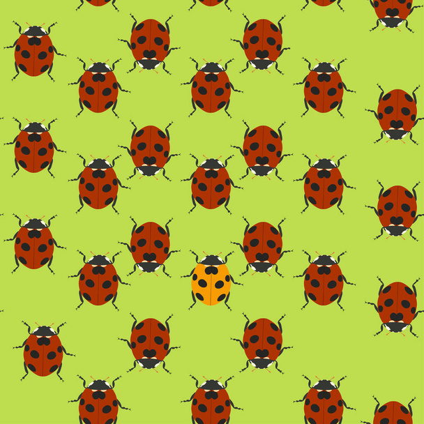 Green seamless pattern with ladybugs. Vector illustration. - Vector, Image