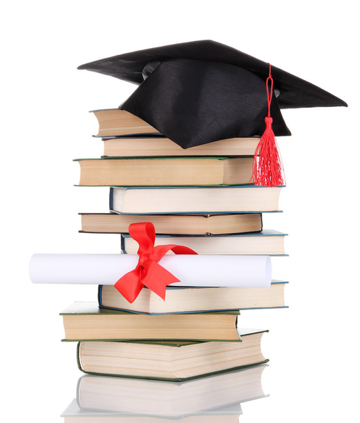 Grad hat with diploma and books isolated on white - Foto, afbeelding