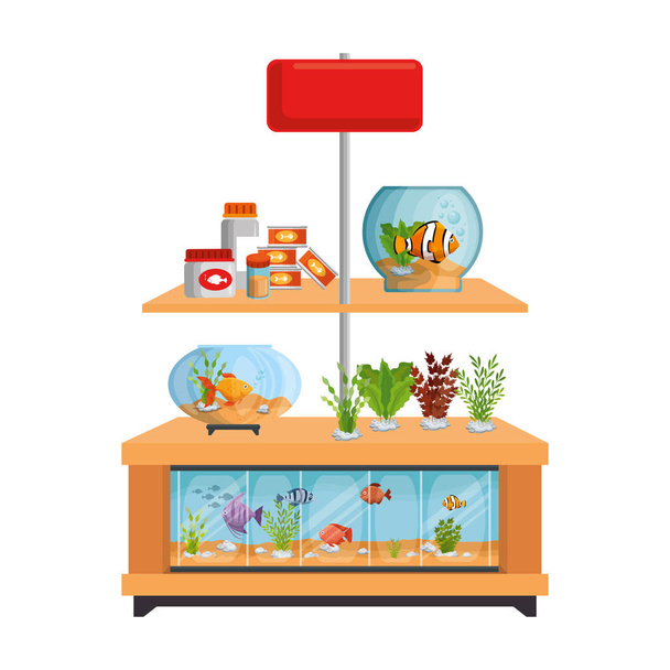 shelving of veterinary store with aquariums and products - ベクター画像