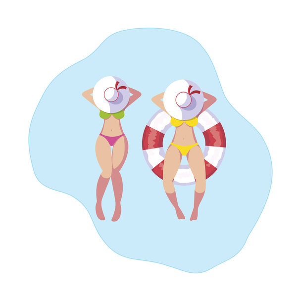 girls with swimsuit and lifeguard float in water - Vector, Image