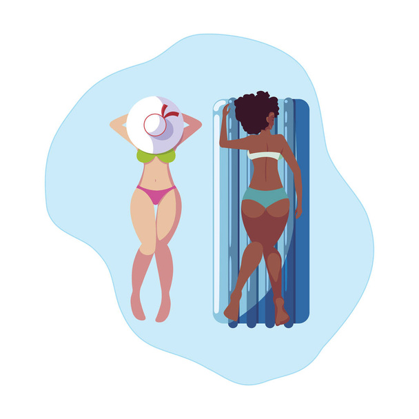 hermosas chicas interracial con colchón de flotador en el agua
 - Vector, imagen
