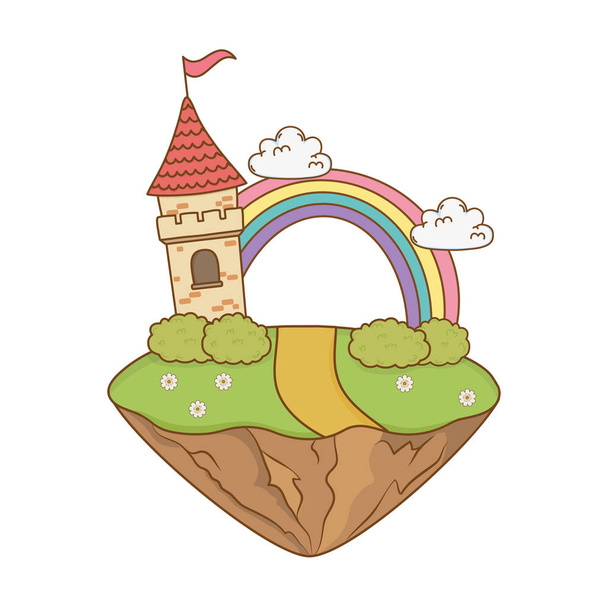 castelo de conto de fadas com arco-íris na cena do campo
 - Vetor, Imagem