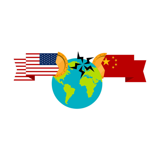 米国と中国の旗を持つ地球儀 - ベクター画像