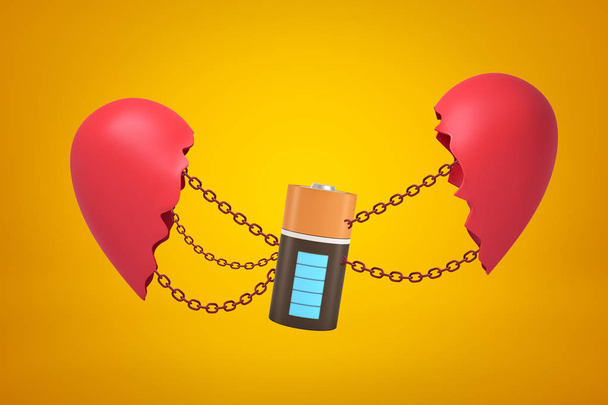 3d closeup rendering of electric battery suspended on chains between two parts of broken heart on amber background. - Foto, imagen