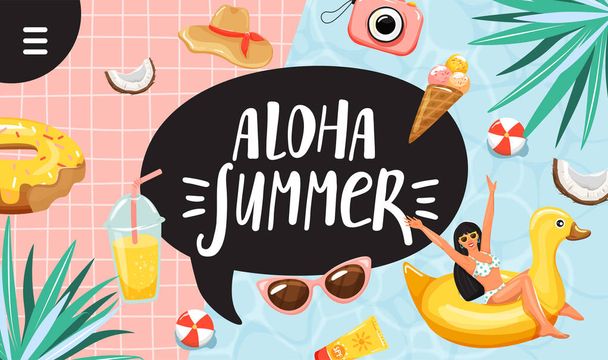 Σχέδιο καλοκαιρινών διακοπών. Πινακίδα σλόγκαν "Aloha καλοκαίρι" σύμβολο.  - Διάνυσμα, εικόνα
