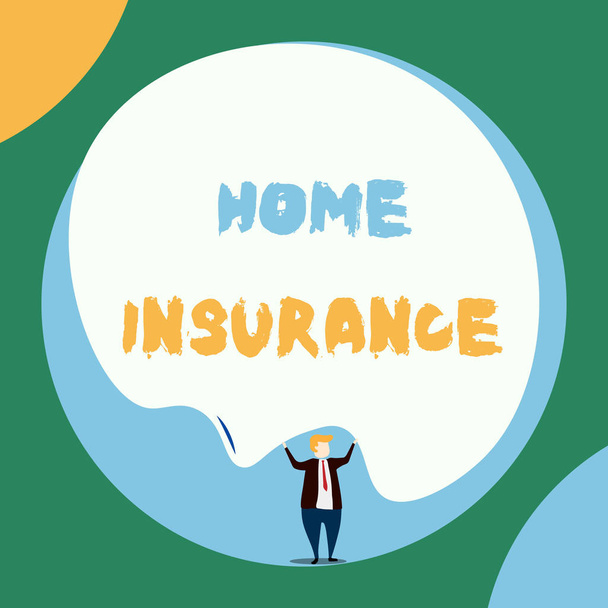 Conceptual hand writing showing Home Insurance. Business photo showcasing Covers looses and damages and on accidents in the house Front view Man dressed suit tie two hands up big balloon. - Photo, Image