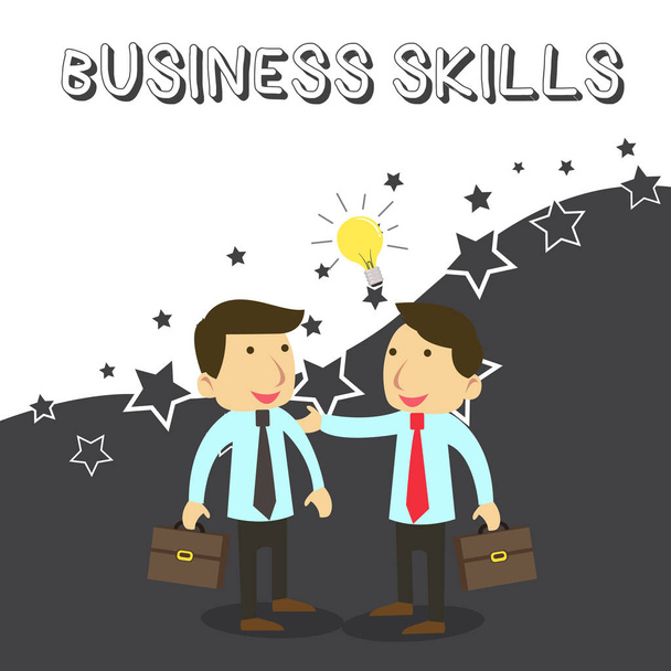 Word writing text Business Skills. Business concept for An ability to acquire systematic effort of job functions Two White Businessmen Colleagues with Brief Cases Sharing Idea Solution. - Photo, Image