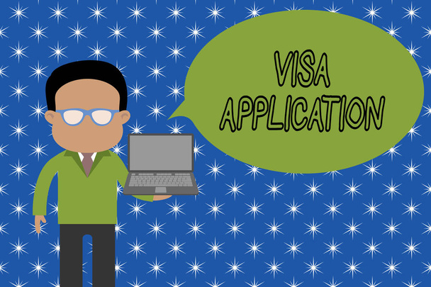 Text sign showing Visa Application. Conceptual photo Form to ask permission travel or live in another country Standing man in suit wearing eyeglasses holding open laptop photo Art. - Photo, Image