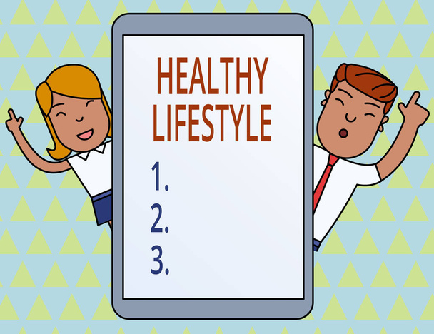 Fogalmi kézzel írásban mutatja egészséges életmód. Üzleti fotó bemutató Live egészséges Engage a fizikai aktivitás és a testmozgás férfi és női index ujjak Tablet smartphone eszköz. - Fotó, kép