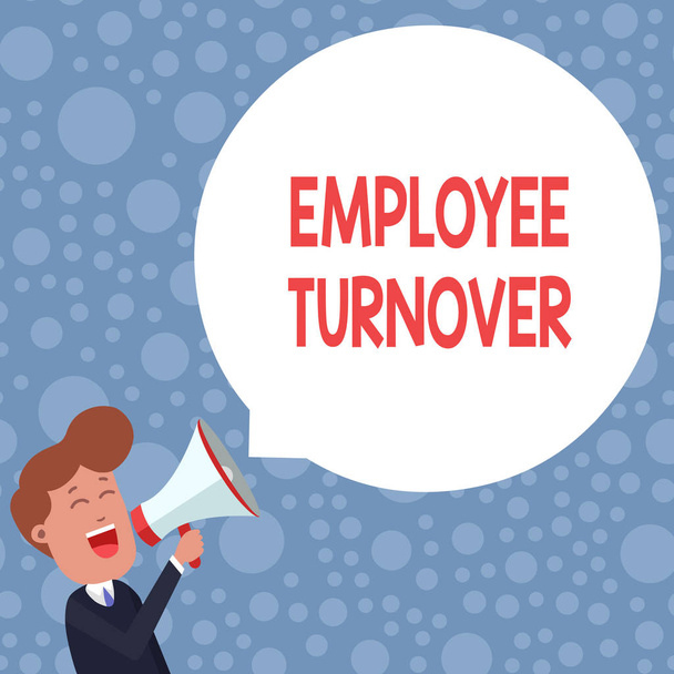 Conceptual hand writing showing Employee Turnover. Business photo showcasing Number or percentage of workers who leave an organization Young Man Shouting in Megaphone Floating Round Speech Bubble. - Photo, Image