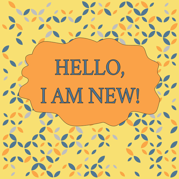 Znak tekstowy przedstawiający Hello I am New. Zdjęcie koncepcyjne wprowadzające siebie do grupy jako świeży pracownik lub uczeń bez szwu nieskończony lato jesień liść tekstura wielokolorowy wzór. - Zdjęcie, obraz