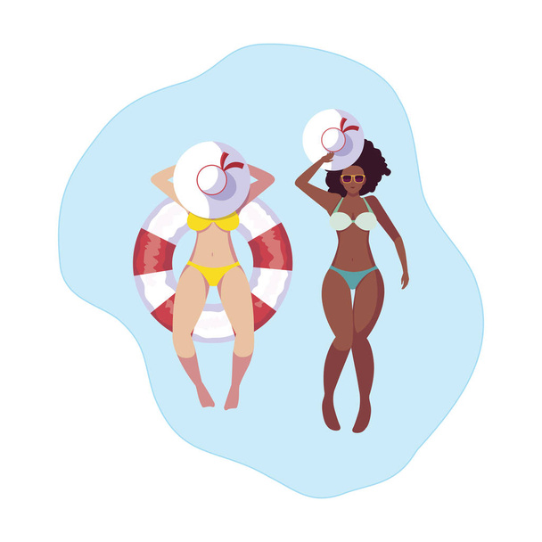 interracial girls with swimsuit and lifeguard float in water - Vector, Image