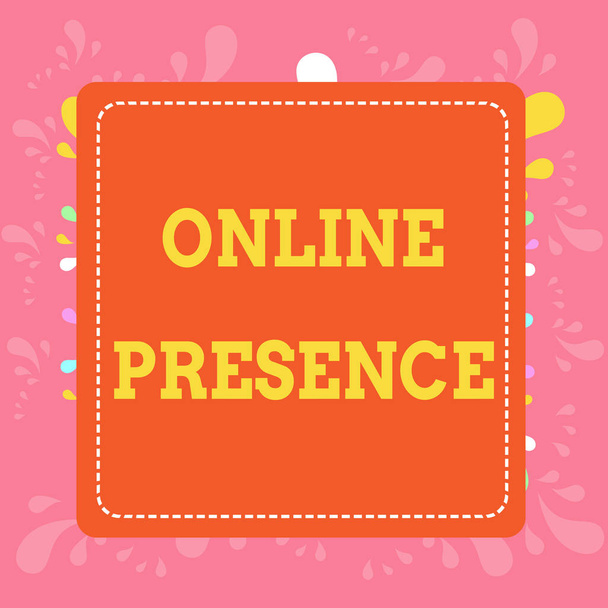 Writing note showing Online Presence. Business photo showcasing existence of someone that can be found via an online search Dashed Stipple Line Blank Square Colored Cutout Frame Bright Background. - Photo, Image
