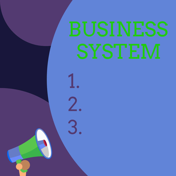 Conceptual hand writing showing Business System. Business photo text A method of analyzing the information of organizations Blank huge balloon empty text with small megaphone. Announcement. - Photo, Image