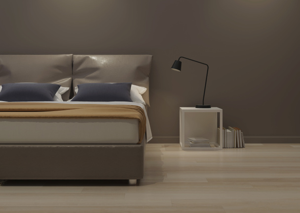 moderne Hauseinrichtung. Schlafzimmerdesign in warmen Tönen. 3D-Darstellung. - Foto, Bild