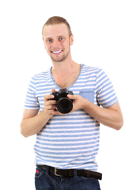 Handsome photographer with camera, isolated on white - Фото, изображение