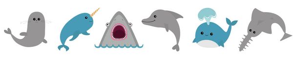 Sea ocean animal fauna icon set line. Blue whale, sawshark, dolphin, narwhal, seal. Saw shark fish. Water inhabitant. Cute cartoon baby character collection. White background Flat design. - Vektor, Bild