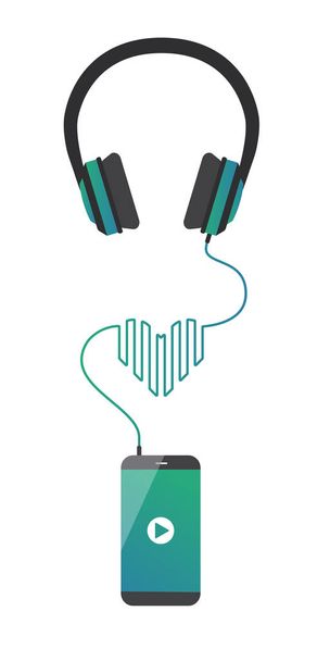 Phone connected to the earphones and plays favorite songs. - Vector, Image