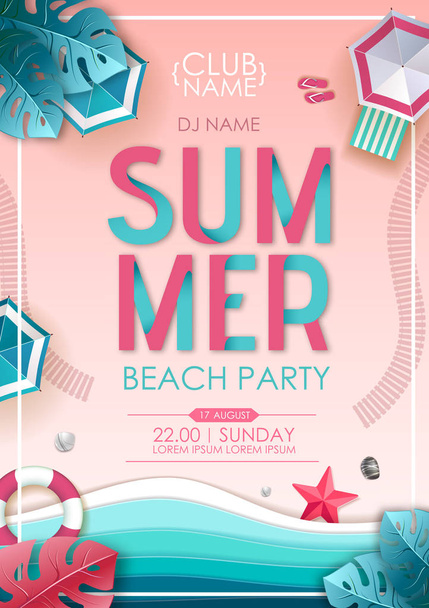 Summer beach party poster. Top view of tropic summer beach with ocean background. Paper cut out art design - Вектор, зображення