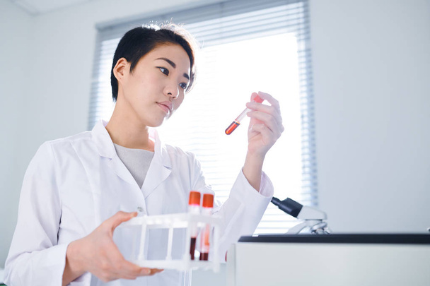 ernsthafte erfahrene asiatische Medizinerin mit kurzen Haaren hält Reagenzgläser und untersucht Blutprobe im Labor - Foto, Bild