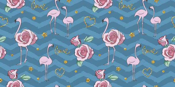 Flamingo glitter bird with monstera leaf seamless pattern - Vector, Image