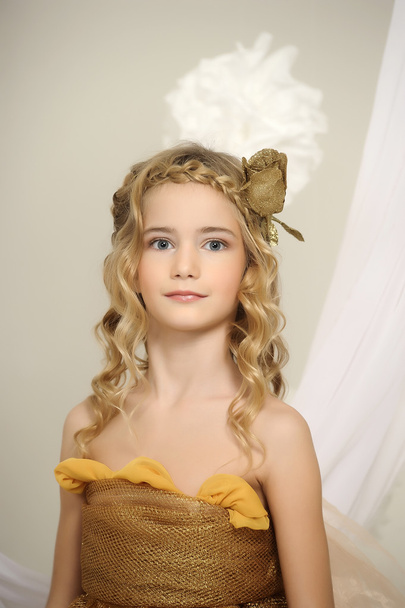 Portrait of a beautiful girl in a gold dress - Foto, Imagem