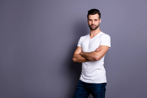 Portrait of nice attractive charming fabulous hipster entrepreneur ready work worker true expert dressed fashionable clothing clothes he his good-looking isolated grey background - Foto, imagen