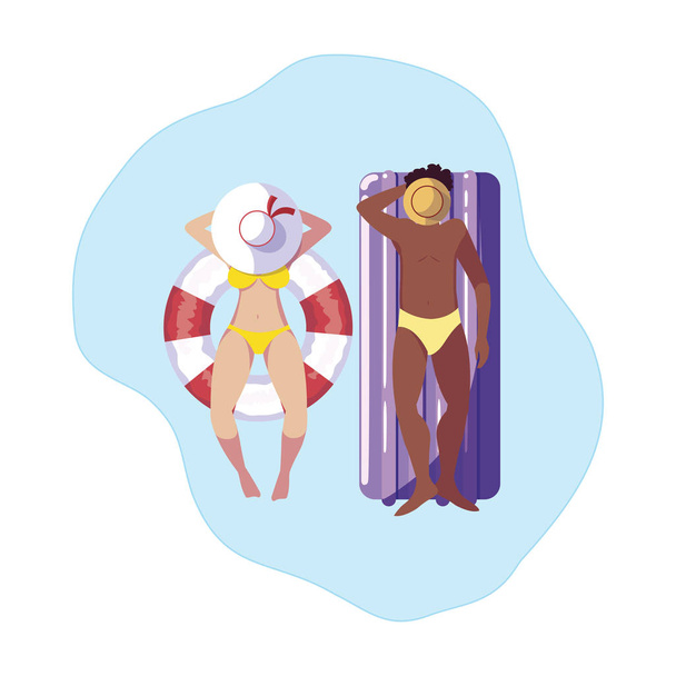couple interracial avec matelas flottant dans l'eau
 - Vecteur, image