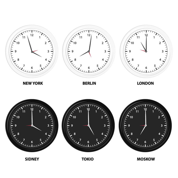 Moderno preto, branco e silhueta conjunto de dia e noite relógio para fusos horários diferentes cidades
 - Vetor, Imagem