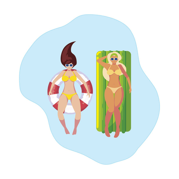 meisjes met badpak in badmeester en matras drijvers in water - Vector, afbeelding