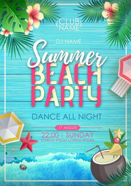 Typografie Sommer Strand Cocktail Party Poster auf Grunge-Hintergrund mit tropischen Blättern - Vektor, Bild