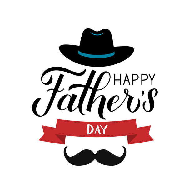 Happy Fathers Day calligraphy hand lettering with hat and mustache. Father day celebration typography poster. Easy to edit vector template for banner, greeting card, flyer, postcard, party invitation - Διάνυσμα, εικόνα