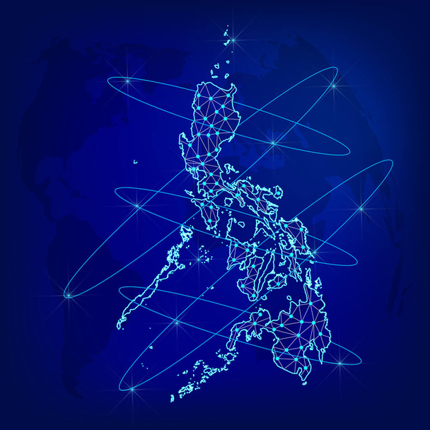 Γενική ιδέα του δικτύου εφοδιαστικής. Χάρτης δικτύου επικοινωνιών Φιλιππίνες στο παγκόσμιο υπόβαθρο. Χάρτης των Φιλιππίνων με κόμβους σε πολυγωνικό στυλ. Απεικόνιση διανυσματικών eps10.  - Διάνυσμα, εικόνα